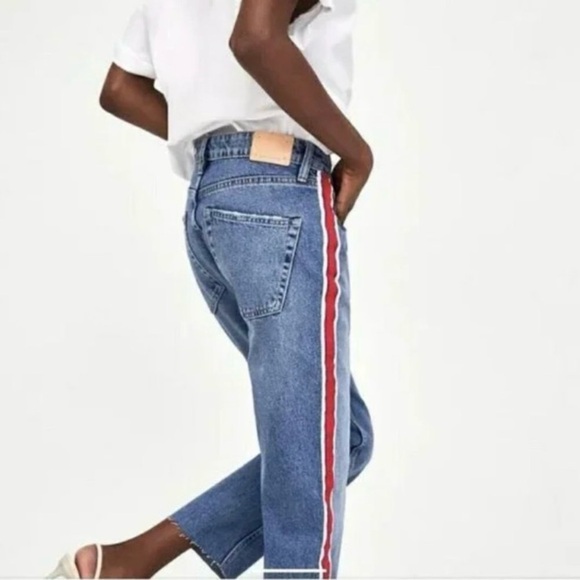 Zara Authentic Denim TRF Straight Cropped Jeans Medium Wash Side Stripe Size 4 - Picture 1 of 16